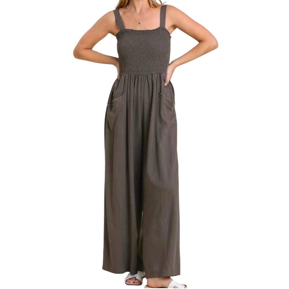 Rustic Rack Wide Leg Jumpsuit Womens Large‎ Gray Smocked Boho Slouchy Lounge